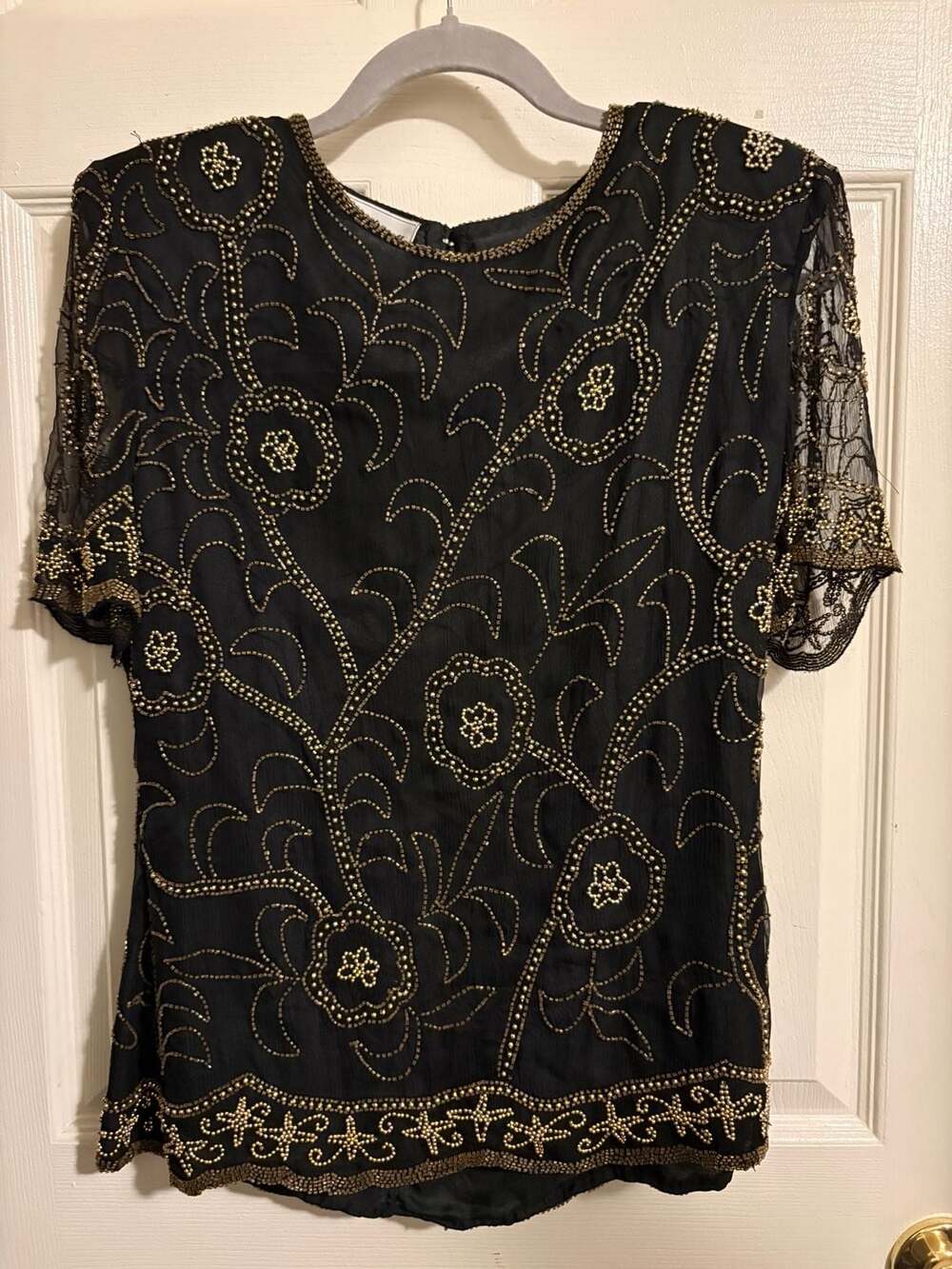 Sténay Vintage Black and Gold Silk Beaded Floral Short Sleeve Blouse Top M